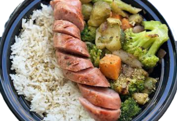 Garlic and Cheese Chicken Sausage over cous-cous with roasted vegetables